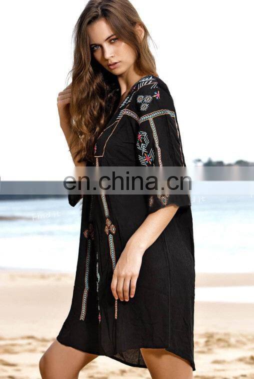 2019 Black Bohemian Embroidered Summer Beach Wear Cover-ups Cotton Tunic Women Sexy Mini Dress Swimsuit Cover Up Sarongs