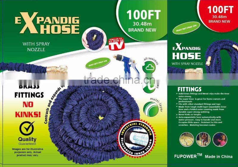100FT X EXPANDING MAGIC HOSE PIPE GARDEN EXPANDABLE HOSE PIPE BRASS FITTINGS Triple layer natural latex hose blue