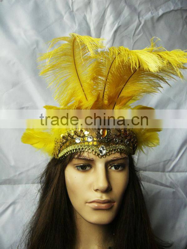 Carnival Headdress Hand Painted(Yellow Color) Lady Headdress With Long Feather