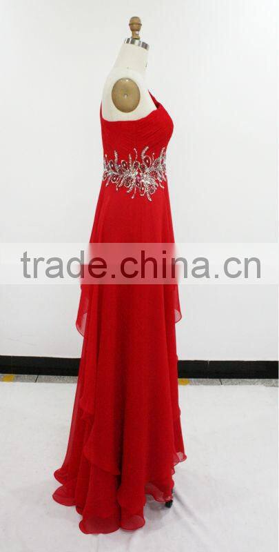 Unique Slit Chest Hollow Out Waist Design Red Chiffon Floral Evening Dress