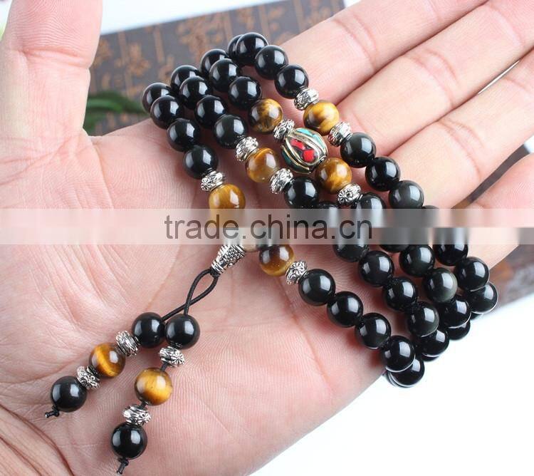 8mm Multilayer yellow Tiger Eye and black Obsidian Malas Prayer Beads Bracelet