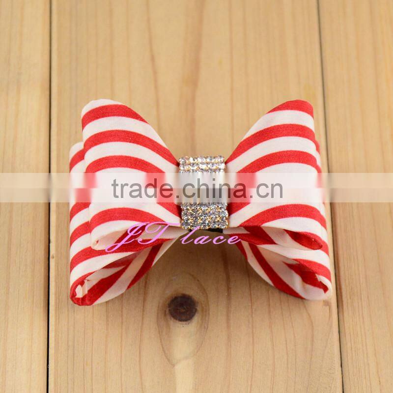 Vertical stripes hair bow - rhinestone hair bow - ribbon hair bow button centre