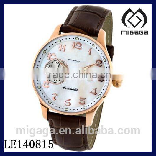 pink gold plating fashion auto watch with separated second dial-Auto Rose Case Brown Leather Mens Watch