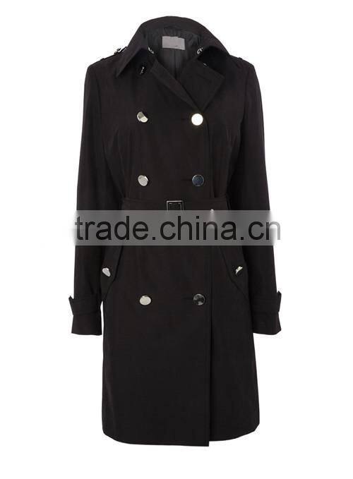 black double breasted women long windbreaker, updated classic staple ,everyday or evening wardrobe trench coat