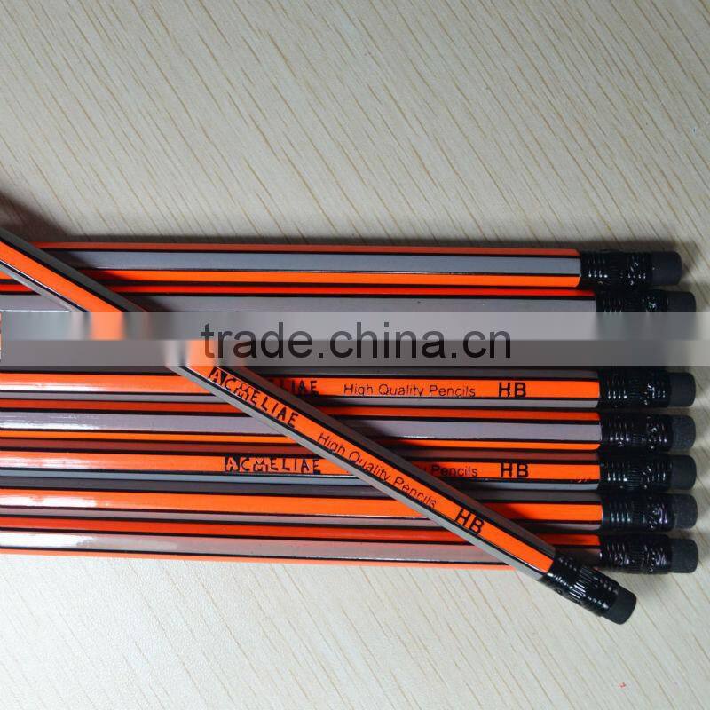 Standard size hexagonal shape neon orange and silver striped special graphite wood pencil sharpened with eraser
