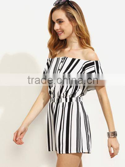 Bodysuits latest fashion design women clothing Black and White Striped Off The Shoulder Jumpsuit