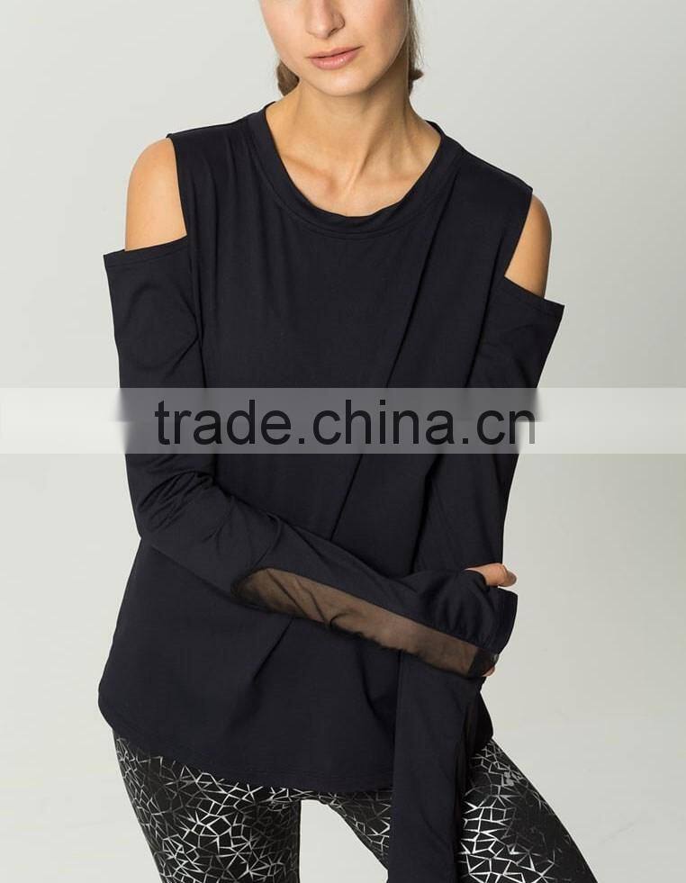 Ramax Custom Women Sport Black Crew Neck Long Sleeve Training T Shirt Tops