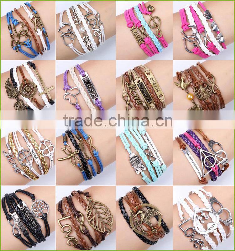 Promotional elegant infinity bracelet double wing bracelet ,silver&gold plated wax infinity bracelet as gift