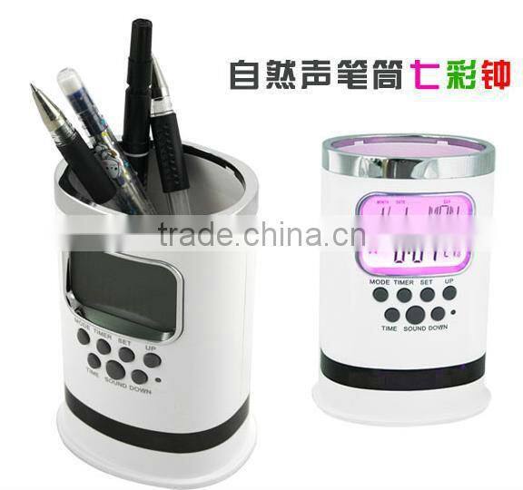nature sound 7 colors led light digital alarm clock with pen holder,office gift