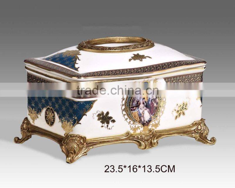 New design noble appliance blue ceramic floral painting brass decorative tissue box