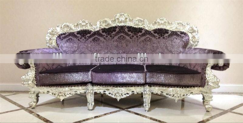 home and hotel silver leaf resin based purple fabric antique reproduction 3-seat sofa furniture