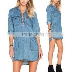 Fashion Ladies Raw Cut Frayed Hem Denim Jeans Fabric Girls Mini Dress With Front Lace-Up Details With Details 2016 HSD5819