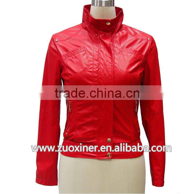 stand collar faux leather clothes ,light leather jacket for lady