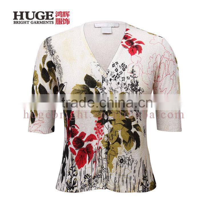 Old women cardigan sweaters with short sleeves and button closure, Floral printed sweater