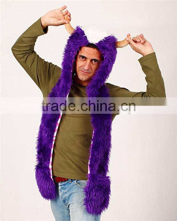 Faux fur adult beanies plush animal head hat scarf glove
