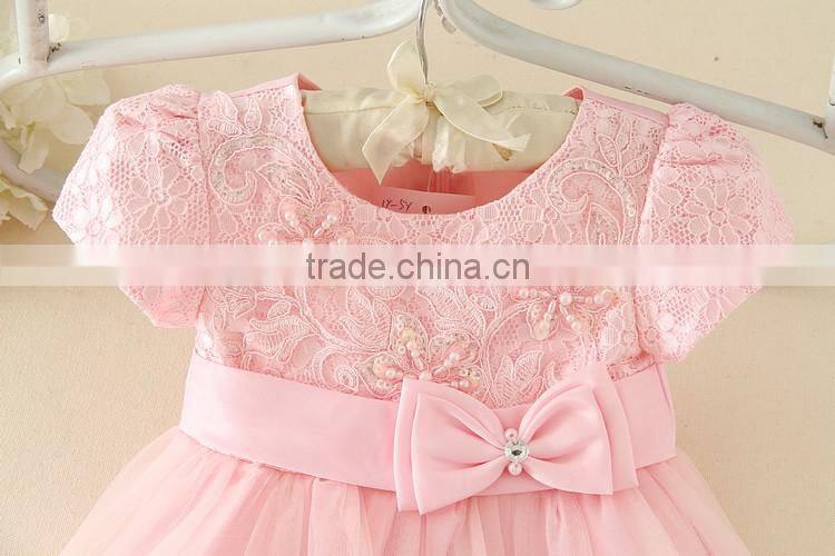 2017 Vietnam Summer simple baby frock design Pink short sleeves Bow-knot Sweet birthday party dresses Turkish clothes