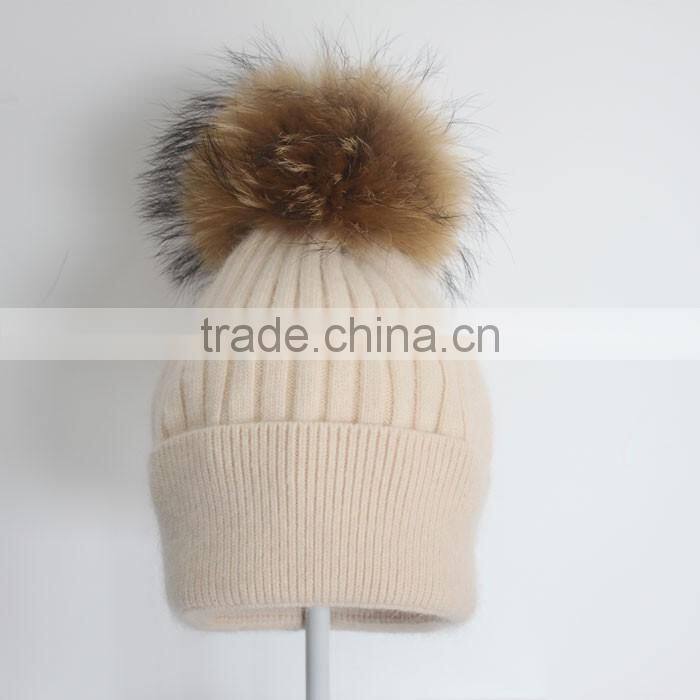 Myfur Wholesale Classic Beige Angola Rabbit Custom Knitted Pom Beanie Hat with Fur Pom