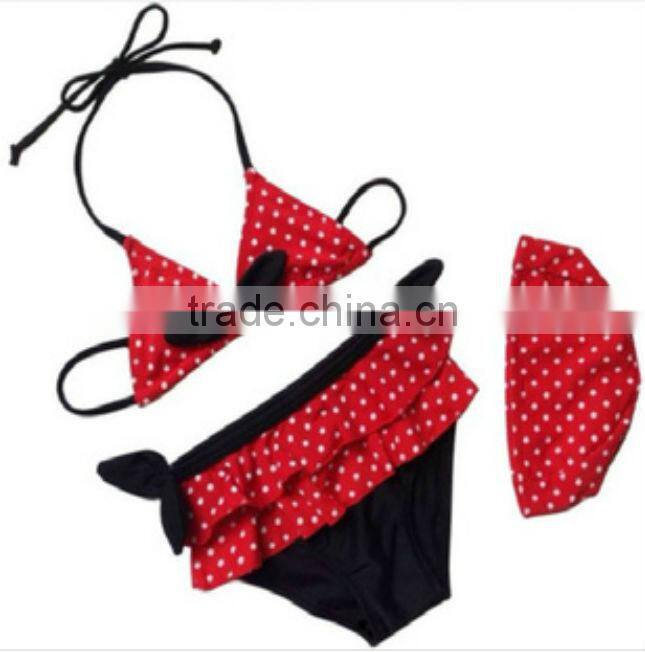 2016 In-stock Lovely Wholesale Boutique Summer Baby Girl Swimsuit Red Polka Dot Print Bikini Ruffles Swimwear With Cap