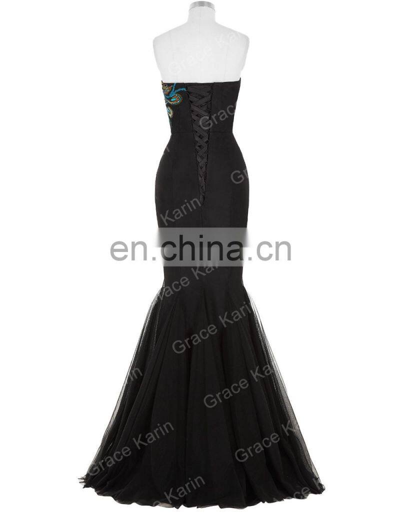 Grace Karin Full-Length Strapless Sweetheart Black Mermaid Peacock Prom Dress GK000080-1