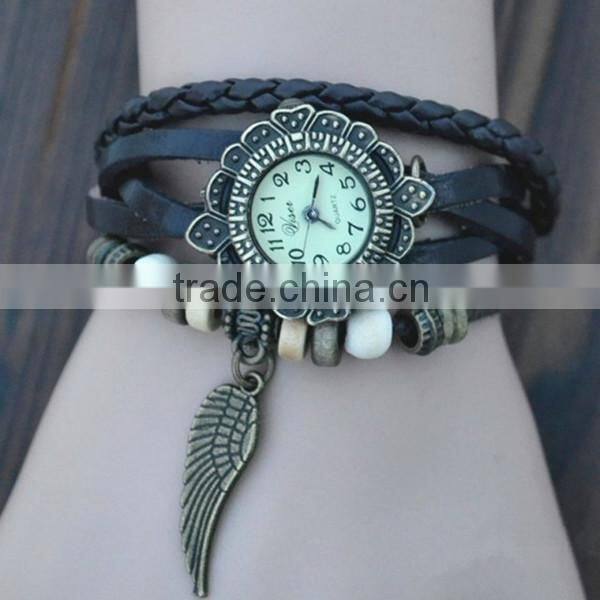 bulk buy from china Quartz watch F-05 for girls with Wing pendant,leather strap, bronzed watch case