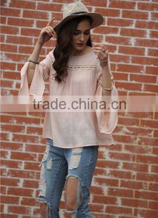 Bell Sleeve Round Neck Shirts Casual Tops Women Sexy Brand Fashion Beach Wear Summer Clothing Ladies Loose Eyelet Blouse B005