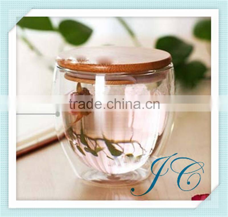double wall glass cup / glass tea cup / glass coffee cup with wooden lid