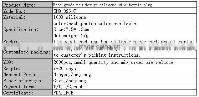 Food grade new design silicone wine bottle plug