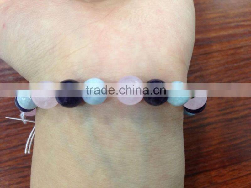 Natural gemstone mixed color rose Quartz crystal and Amethyst and Aquamarine with 925 silver cherry Bracelet