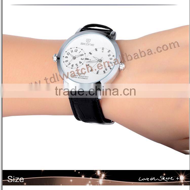 SKONE 9142 White Dial Black Leather Band water proof water resistant watch