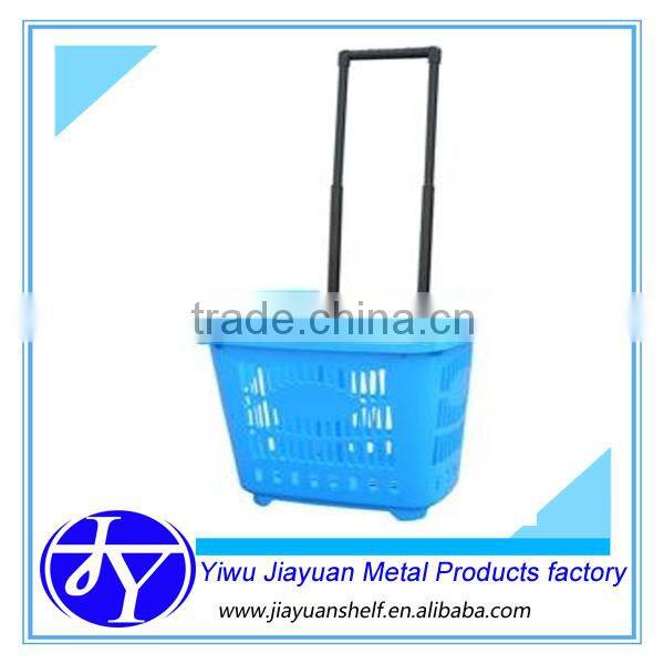 plastic market basket with two wheels and foldable handle bar