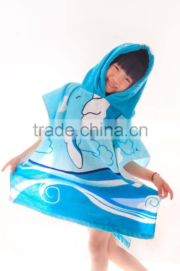 100% Cotton terry velour voyage image printing children hooded towelling poncho