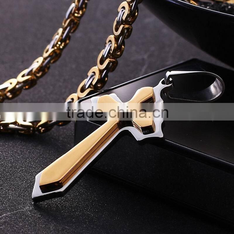 Retro European And Amerian Style Titanium Steel Gold Inlaied Silver Cross God Pendant Chain Necklaces For Christianity Church