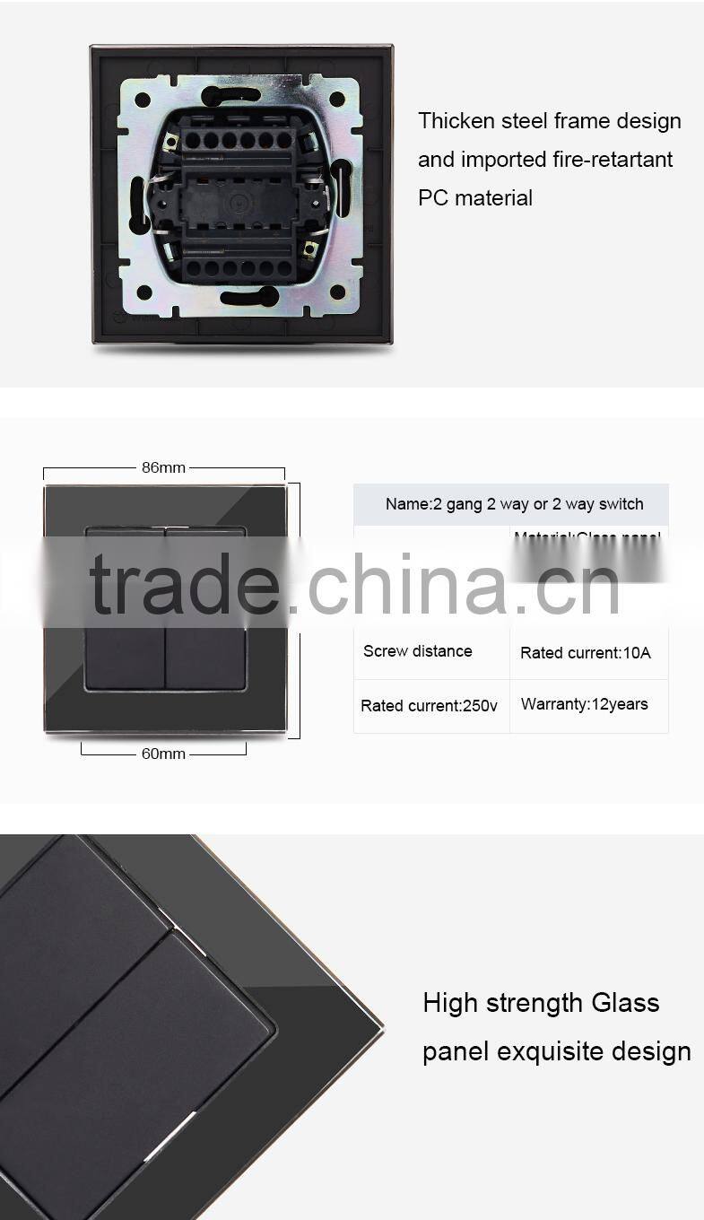 European standard glass acrylic material 2 gang 1 way or 2 way electrical lighting switch