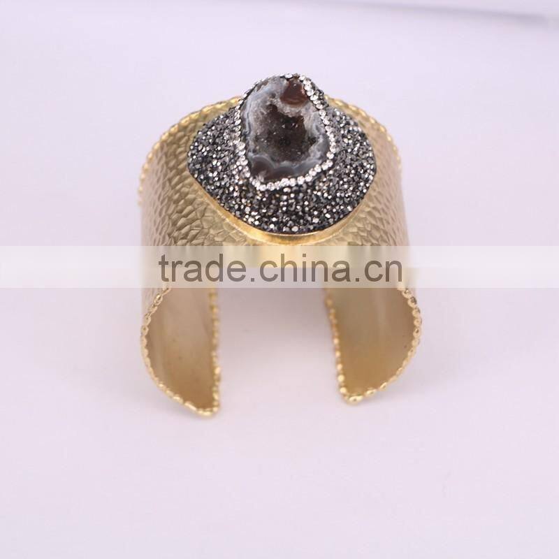 Fashion Metal Brass Plated Gold Druzy Bangles, Natural Agate Geode Gem stone Bangle, with Pave Crystal Quartz Stone Bangles