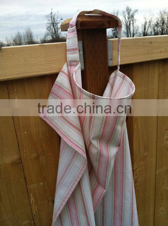 100% cotton light pink white stripe woven fancy long apron