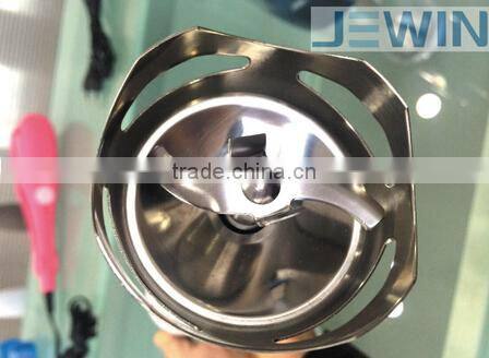 White mini household hand blender with stainless steel blades