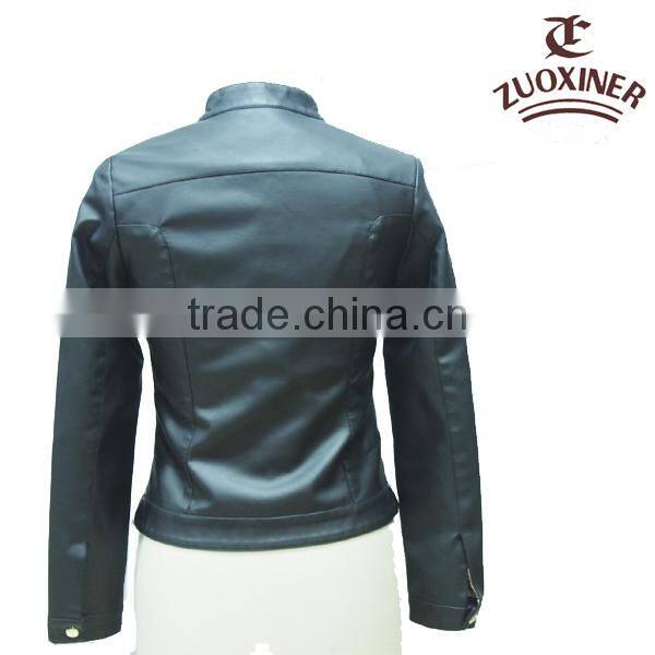 round collar soft pu leather women black jacket 2014