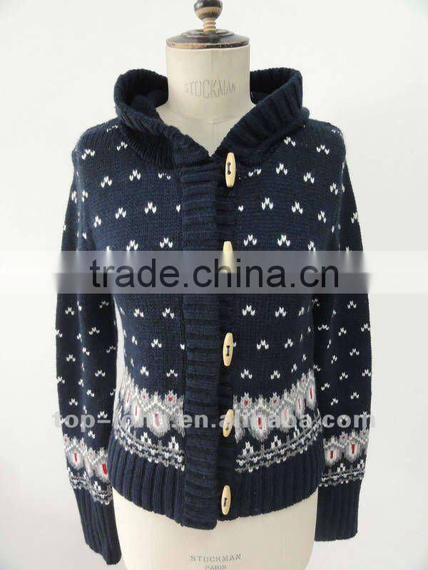 Fashion Jacquard Ladies Cardigan sweater with hooded of 100%acrylic