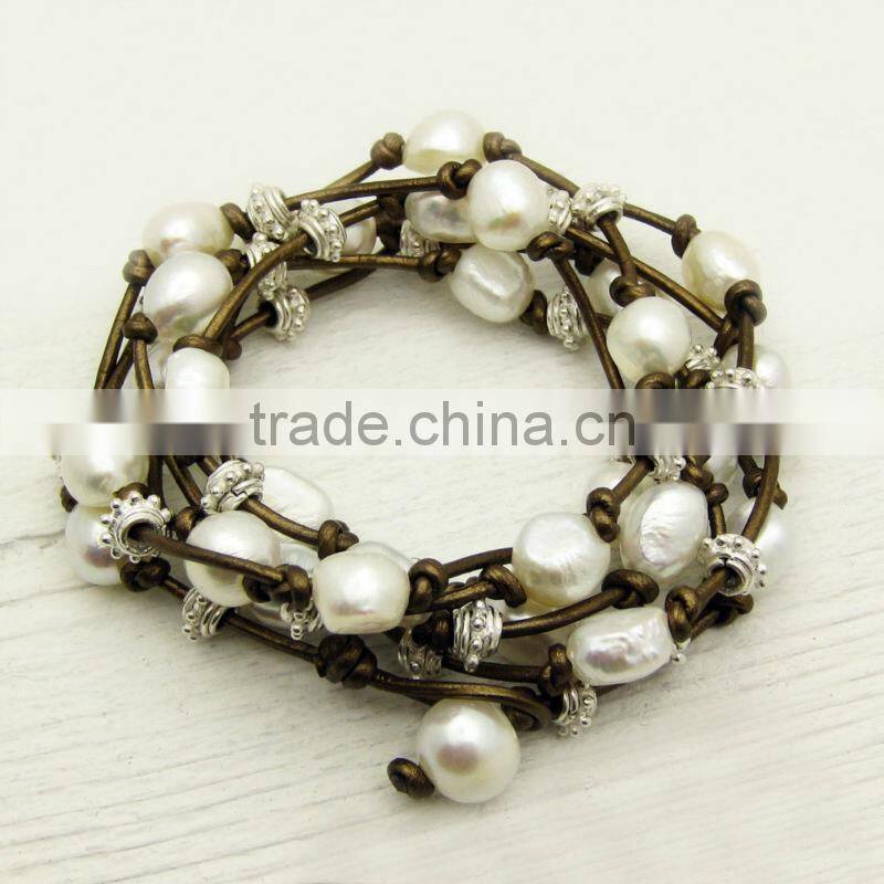 leather knotted bracelet with pearl and birthstone, friendship bracelet, wrap bracelet, bead charm leather bracelet