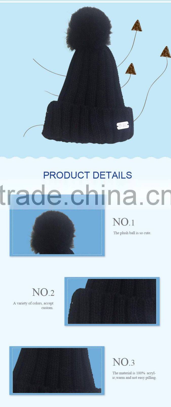 Acrylic pompoms plain 100% cotton winter baby hats