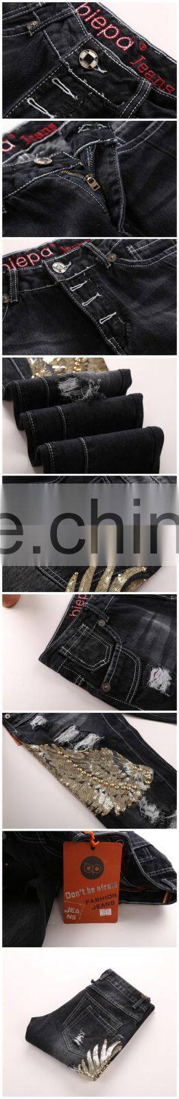 New Stytlish Men Sequin Gold Wings Slim Straight Trousers Ripped Frayed Jeans