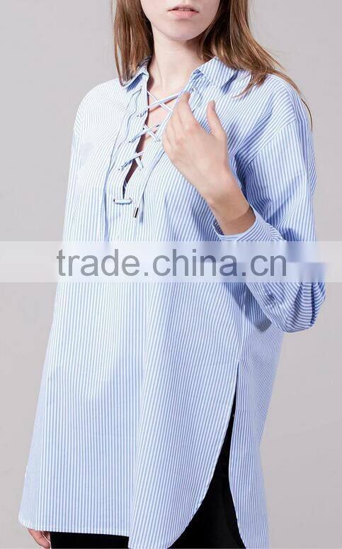 Runwaylover EY2326B 2017 Latest Blouse Design Women's Blue Striped Cold Shoulder tie sleeve shirt