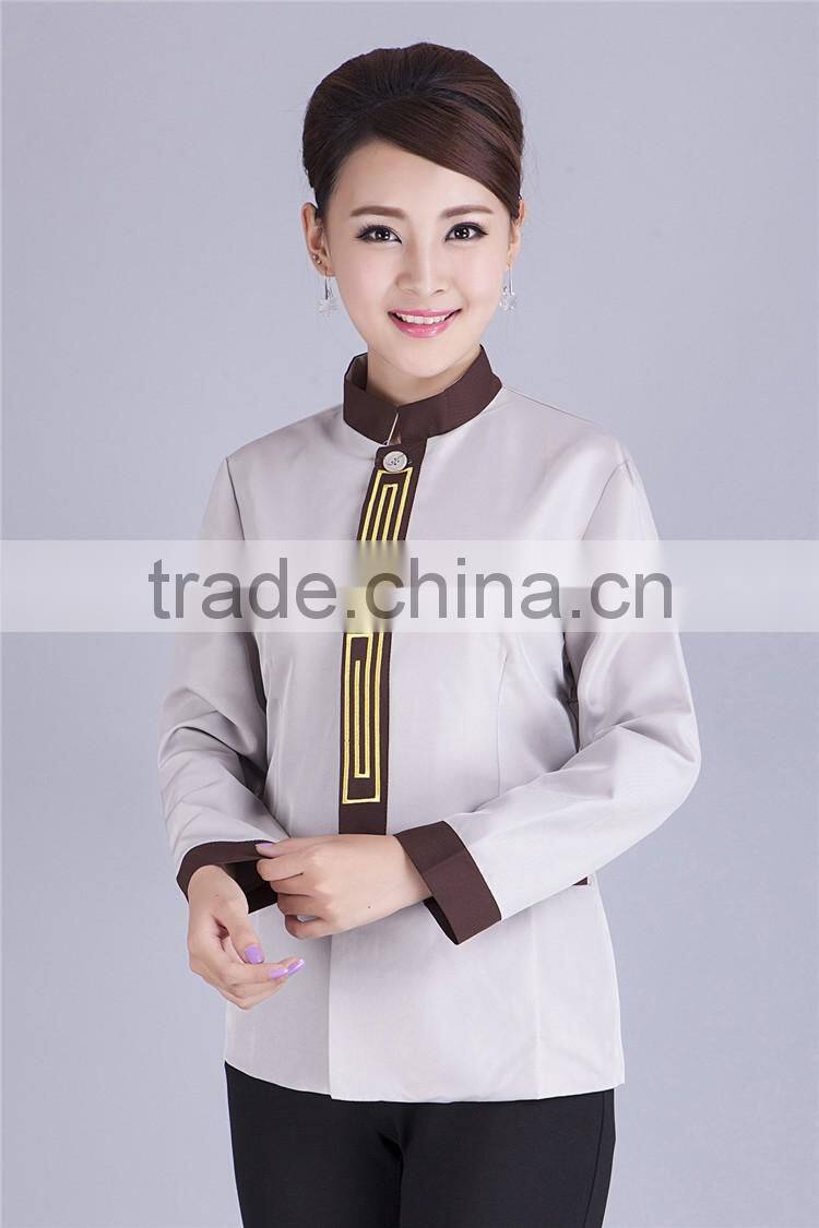 Juqian Wholesale cheap beige fashional design korean collar anti-foul hotel cleaner workwear work uniform