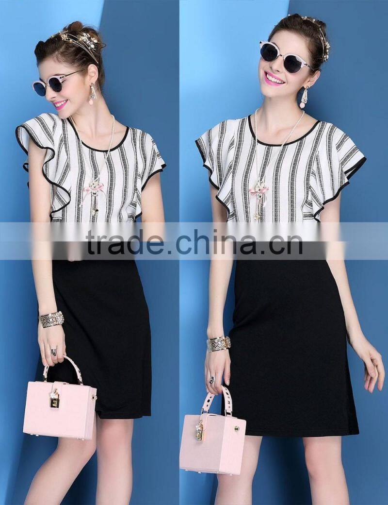 2016 girls summer imitate hemp vertical strip hip package wide sleeve dress