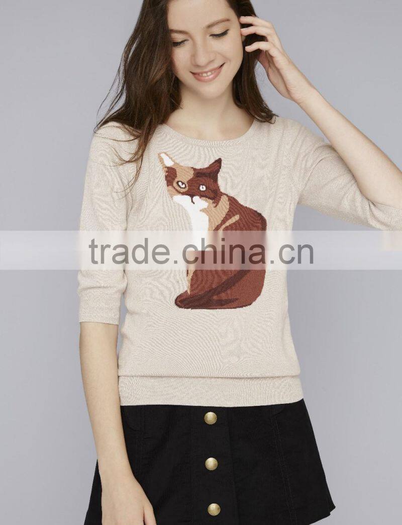 100% Cotton Knitted With Pattern Pullover Ladies Sweater