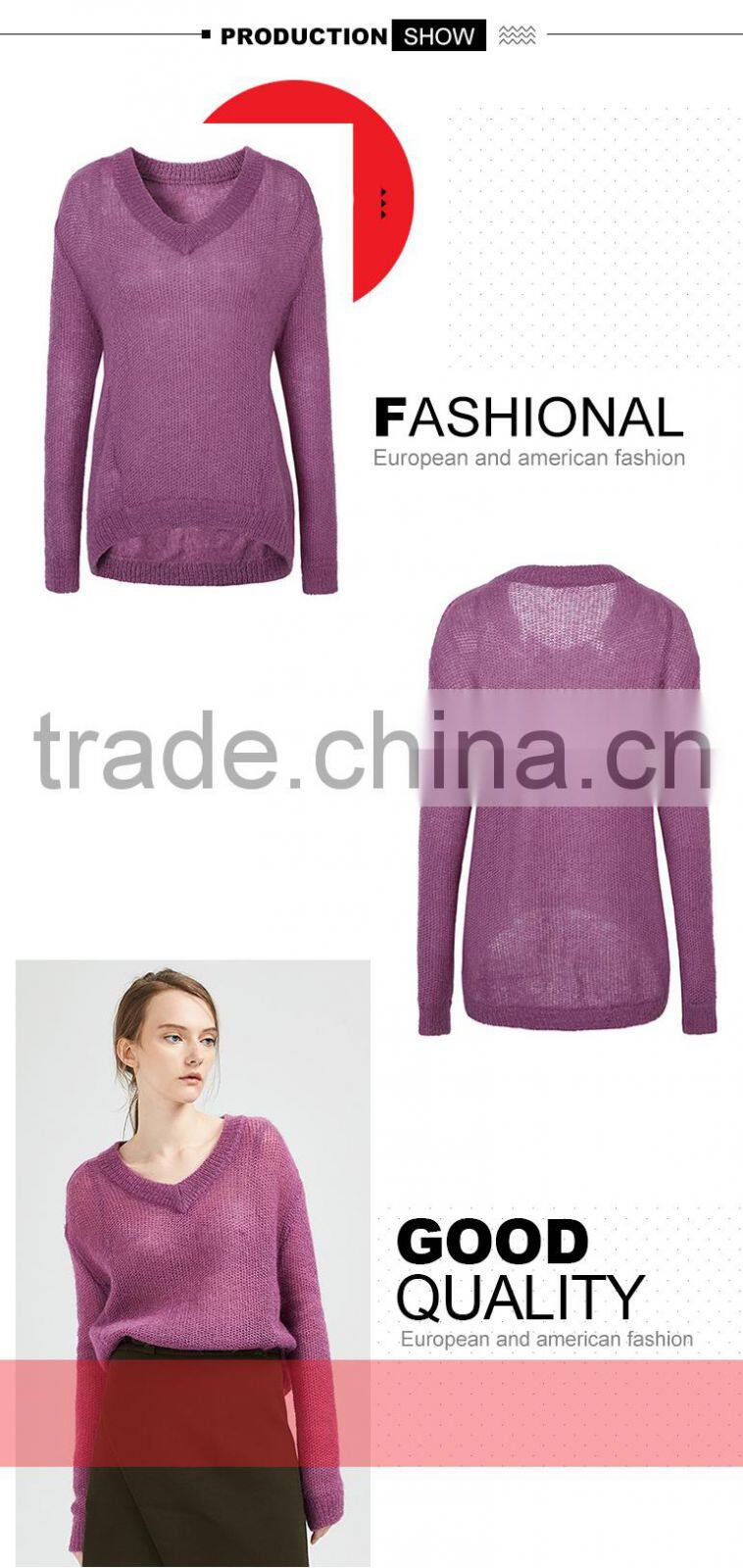 wholesale beautiful purple v collar ladies latest wool knitted sweater design with high grade