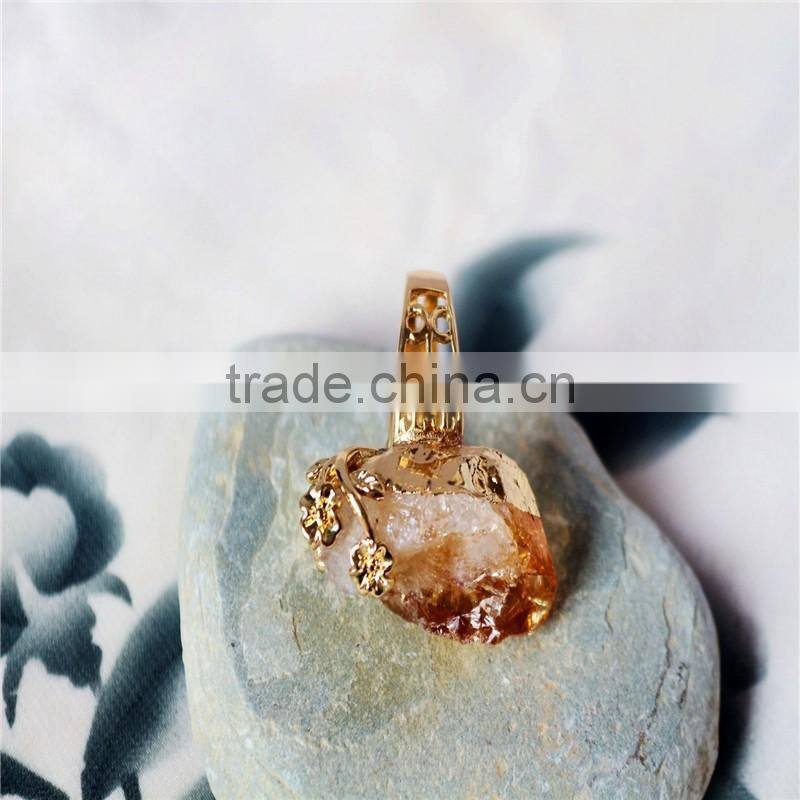 Gold Plated Rose Flower Wrapped Raw Crystal Natural Stone Irregular Pendant Ring