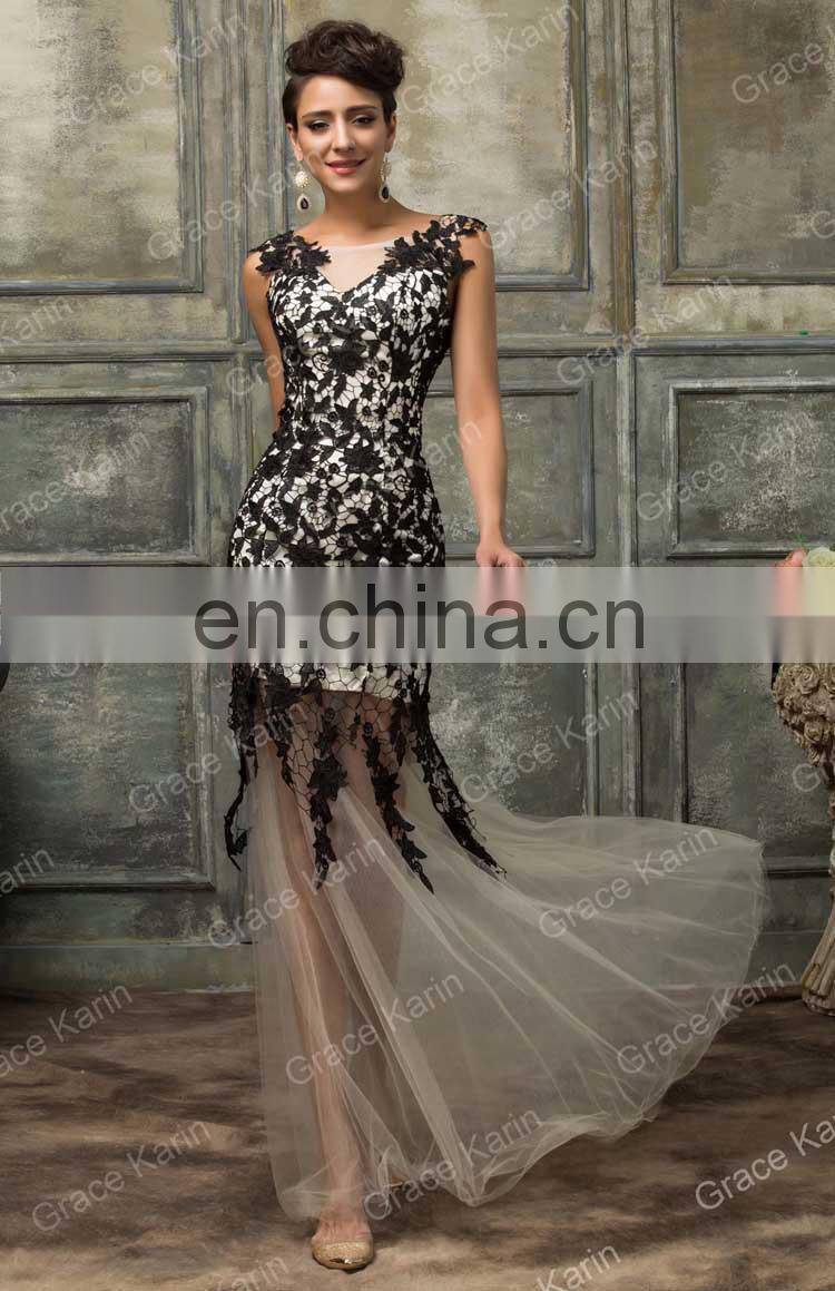 New Arrival Grace Karin Sleeveless Fashion Lace Red Black Mermaid Prom Dress CL007588-1