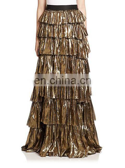 hot selling lame voile tiered silk-blend lady skirt, wholesale fashion subtly flared shape maxi skirt long design