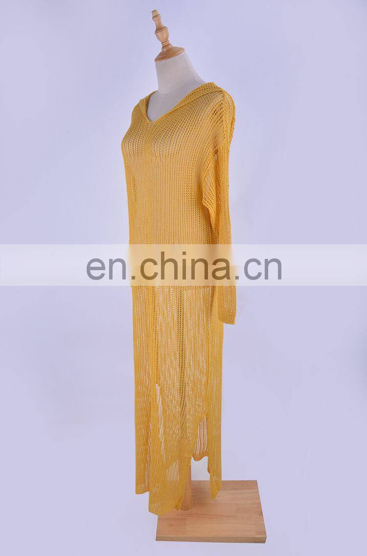 Long Beach Cover Up Dress For Women Summer Hooded Long Sleeve Mesh Crochet Coverups pareo Beach Dress Tunic Beachwear